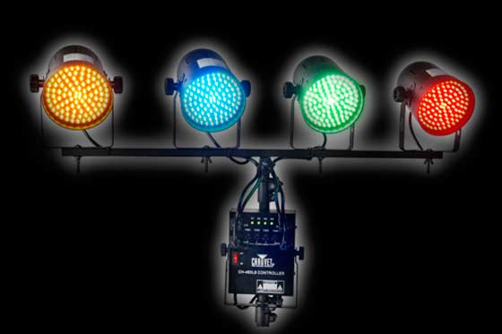 Chauvet LED PAR 38 DJ lighting system w/ 4 cans in different colors and a dimmer pack